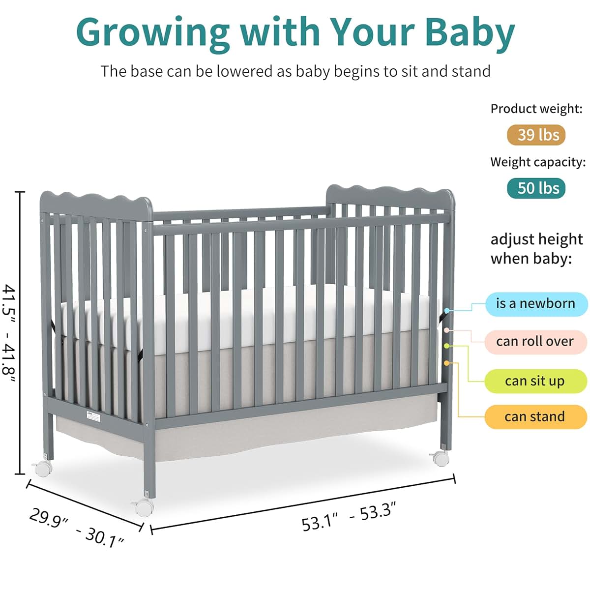 Goldzone 4-in-1 Convertible Wood Baby Crib with Locking Wheels, 3 Heights, New Zealand Pine