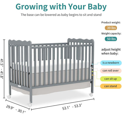 Goldzone 4-in-1 Convertible Wood Baby Crib with Locking Wheels, 3 Heights, New Zealand Pine