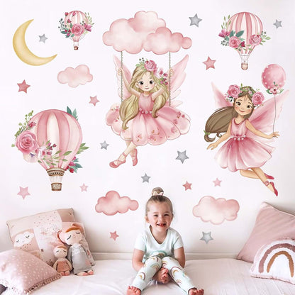 Wondever Pink Fairy Swing Wall Decals - Removable PVC Art Stickers