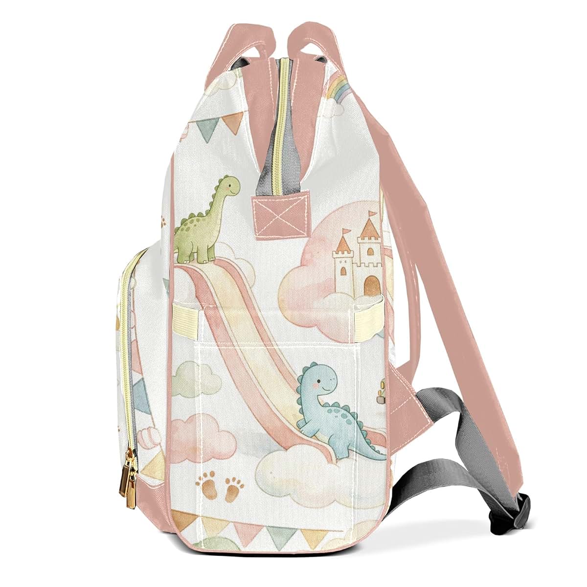 YallLocoMo Personalized Diaper Bag Backpack Gift Watercolor Fairy Tale Castle Dinosaur Convenient and Durable: (photo 3)