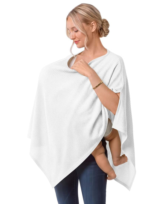 SteloVibe Women Nursing Cover White Waffle Knit Poncho