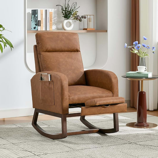 OUTGOODS Nursing Rocking Chair with Footrest for Nursery, Upholstered Glider Rocker with High Backrest, Wood Base