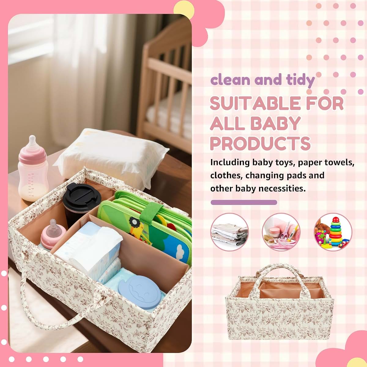 BBENIN Floral Diaper Caddy Organizer with Removable Dividers