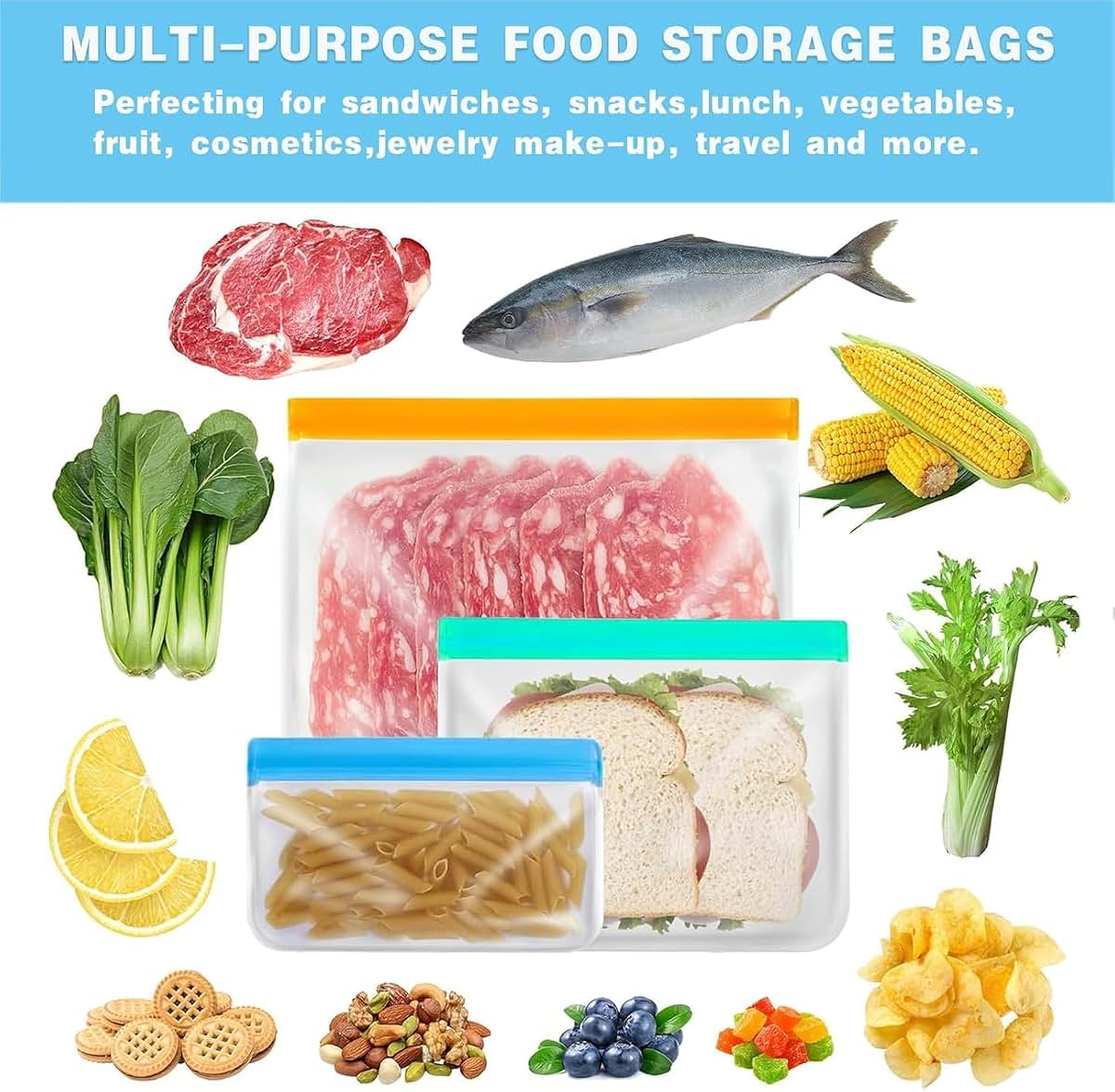 Ehigta 10 Pack Reusable PEVA Snack Bags, Rectangular Food Storage (photo 2)