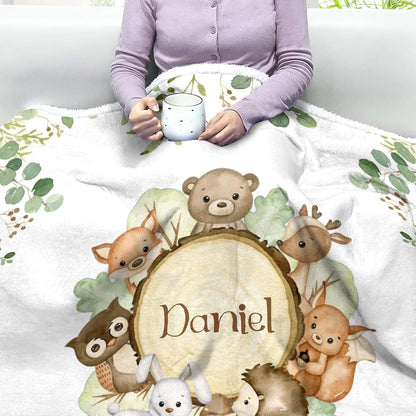NZOOHY Woodland Animals Personalized Sherpa Baby Blankets for Boys Girls,Soft Newborn Naps Custom Name Blanket for