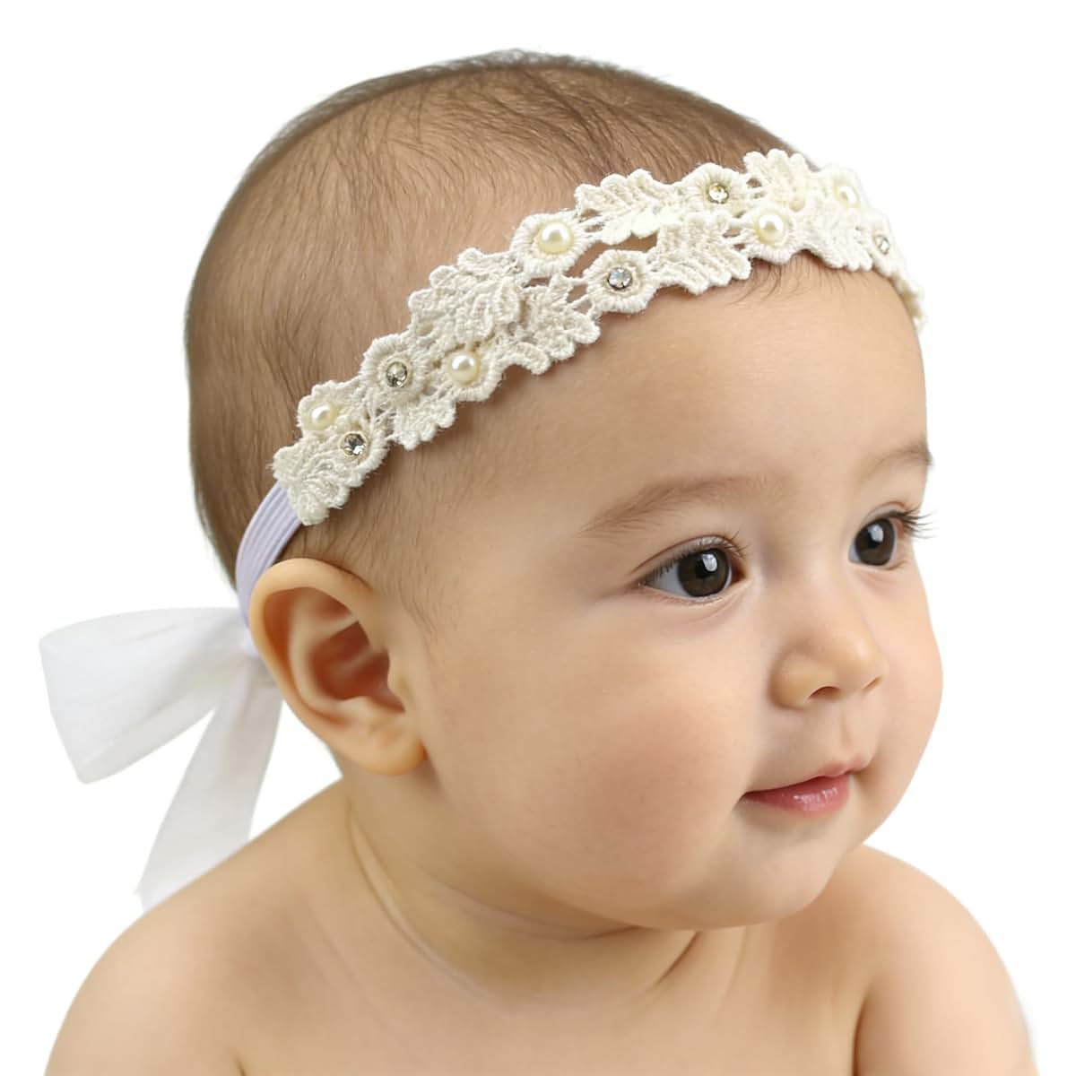 Pyalxdn White Flower Christening Headband With Elastic Lace (photo 3)