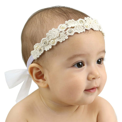 Pyalxdn White Flower Christening Headband With Elastic Lace (photo 3)