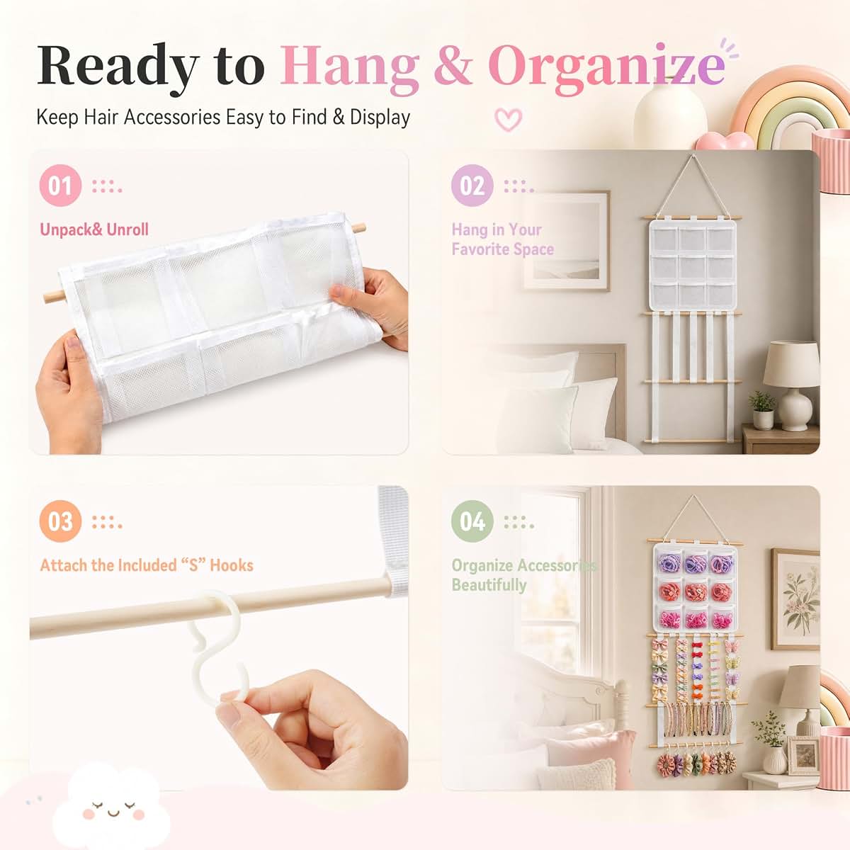 Cozisvoker Bow Organizer for Girls, 20 Hooks, 9 Mesh Pockets, Wall Hanging (photo 4)