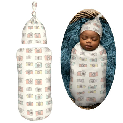 Muishi Hand Drawn Cameras Newborn Swaddle Blanket and Hat Set, 0-6 Months