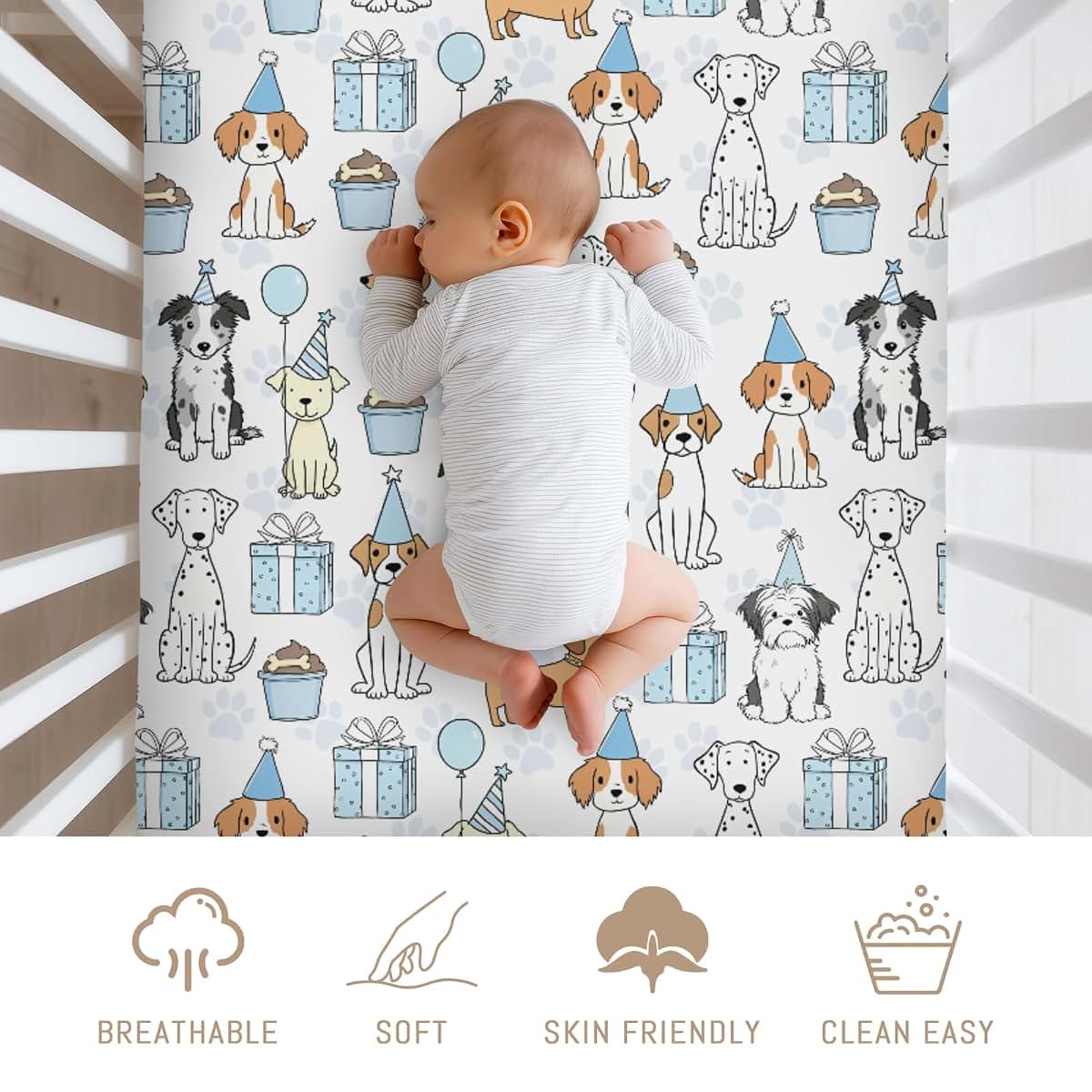 Selgkds Watercolor Baby Blue Party Dogs Baby Crib Sheets Boy Girl Cute Puppies Balloon Gift Paws Soft Snug Fitted Crib (photo 3)