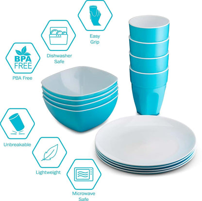 Plasti Home Reusable Plastic Dinnerware Set 12 Pieces Blue