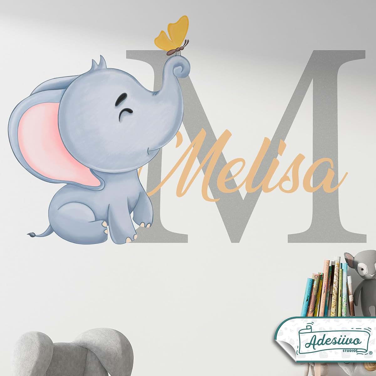 AdesiivoStudio Customizable Elephant Wall Decal with Initial and Name - Personalized Baby Name Sticker - Cute Animal