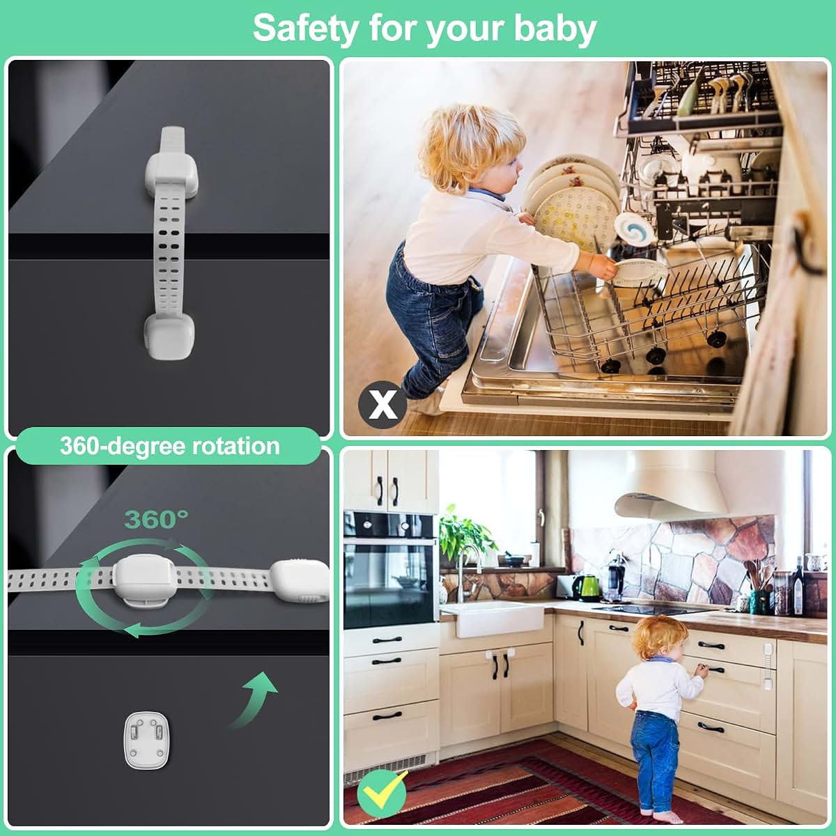Pe&Hui 6 Pack Baby Proofing Cabinet Locks, Child Safety Locks with Adjustable Strap Latches for Cabinets and (photo 4)