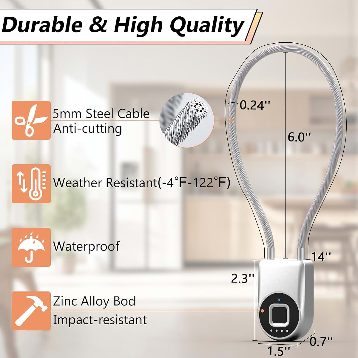 Foxlock Fingerprint Cable Lock, Fridge Lock Child Proof Cabinet Locks with Bluetooth APP Control, Waterproof (photo 2)