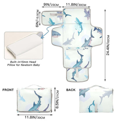 Nesatuwa Portable Baby Changing Pad with Built-in Pillow, Watercolor Sharks, Waterproof Foldable