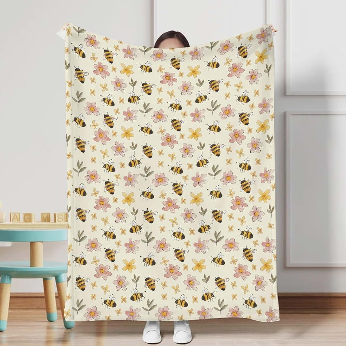 KuphiL Watercolor Bee Nursery Baby Throw Blanket, Floral Swaddle Receiving Blanket