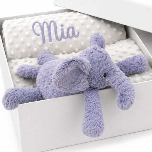 Kryvoxc Personalized Baby Blanket with Elephant Plush, Custom Minky Dot Gift