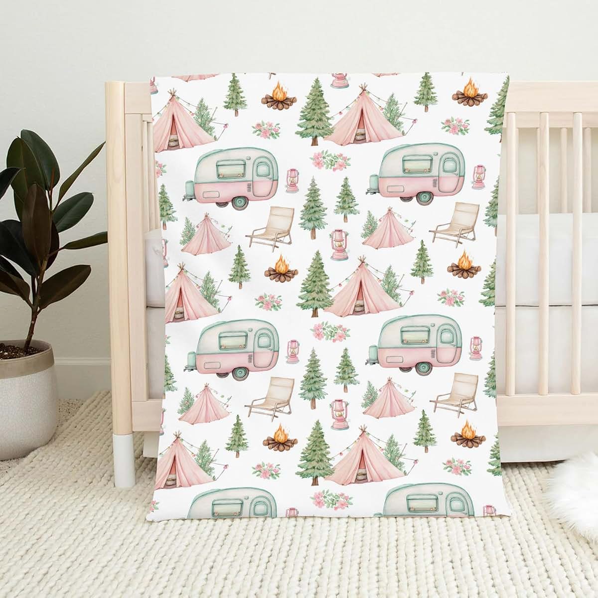 Wicbfdfv Cute Camp Car Floral Trees Flannel Baby Blanket White