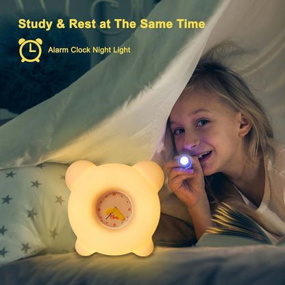 AVEKI Kids Night Light with Clock, Silicone Bear Lamp, 30-Min Timer, 3-Level Dimmable, Rechargeable Bedside Touch Lamp