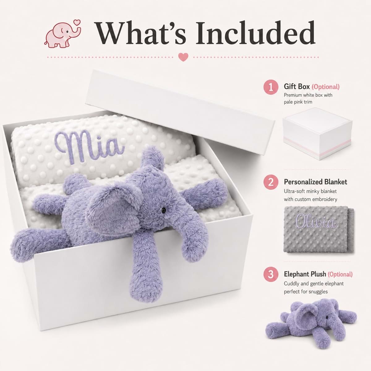 Kryvoxc Personalized Baby Blanket with Elephant Plush, Custom Minky Dot Gift (photo 3)
