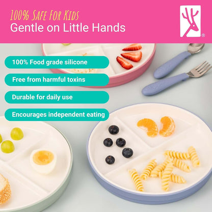Elk and Friends Kids 7.8 Inch Porcelain Divided Plates with Silicone Sleeves, 4 Pack
