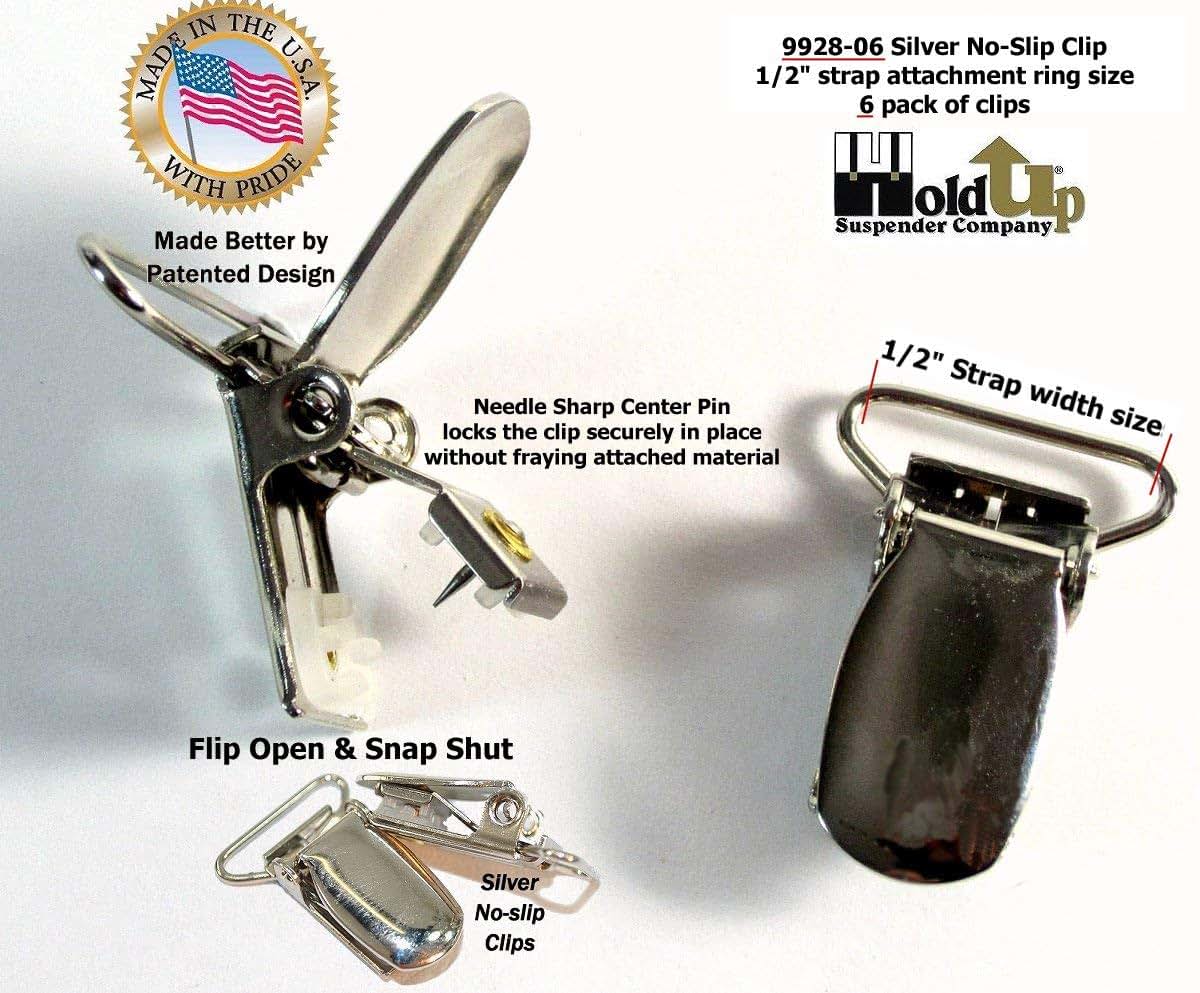 Hold-Up Suspender Co. Silver No-Slip Replacement 1-Inch Suspender Clips (6 Pack) (photo 2)