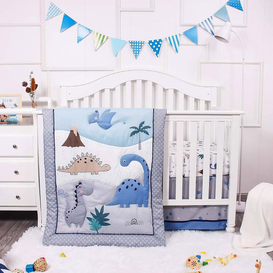 La Premura Baby Crib Bedding Set for Boys – Dinosaur 3 Piece Standard Size Nursery Crib Comforter Set, Grey/Blue
