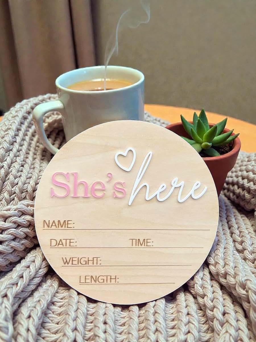 Linhtevie Wooden Birth Announcement Sign – 6 Inch Round Baby Announcement Plaque