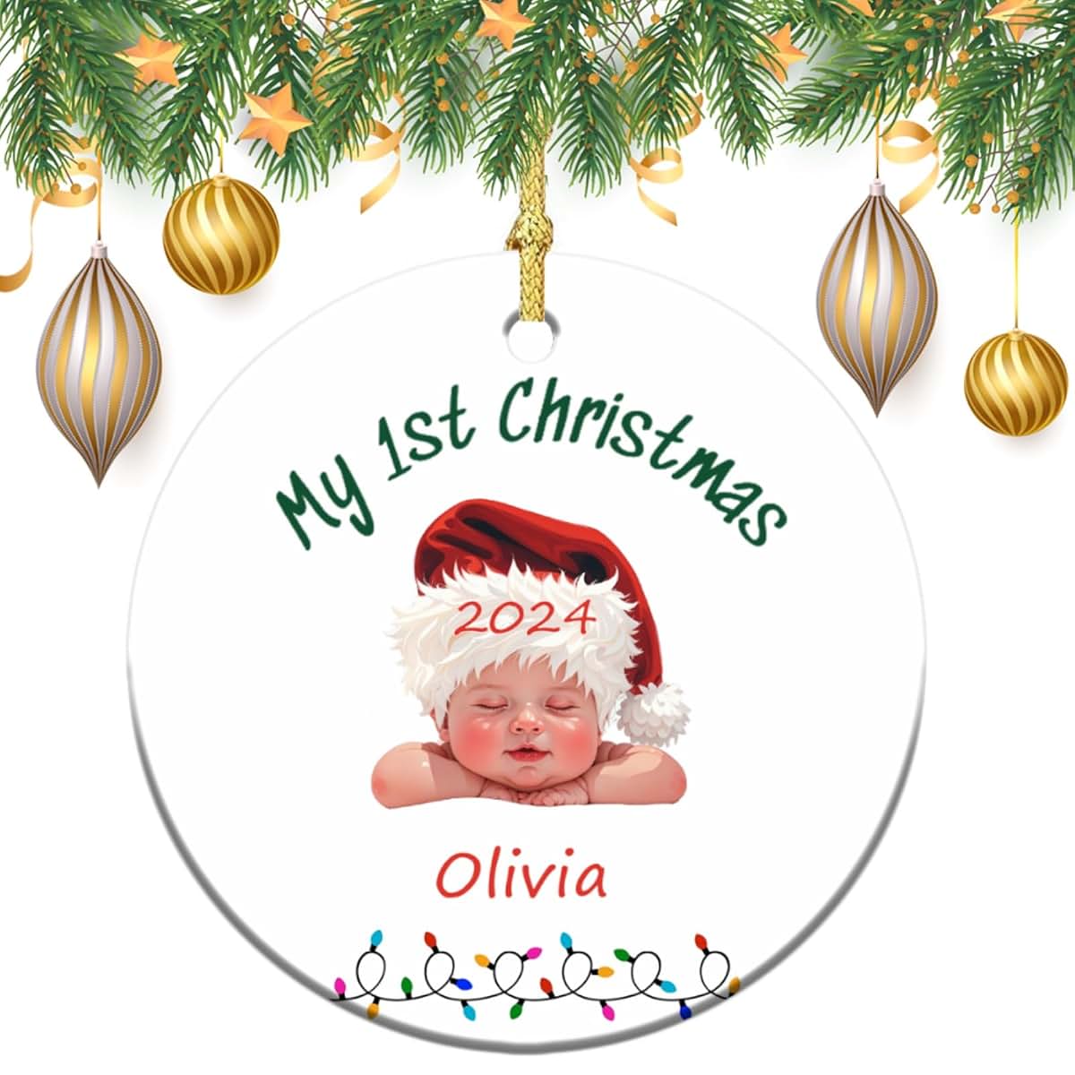 Bdbacxas Personalized Baby First Christmas Ornament,Custom Baby's 1st Christmas Tree Decor Round Ceramic Ornament for (photo 3)