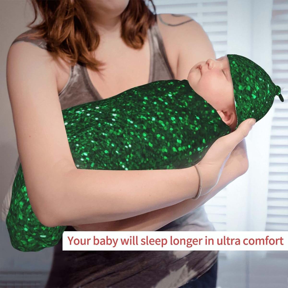 Ddtklsnv Newborn Swaddle Blanket With Beanie Hat Set Green Sequin Sparkle (photo 4)