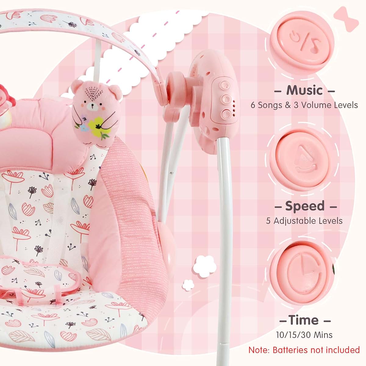 Enborbabe Portable Baby Swing with Music and Floral Bear Pattern