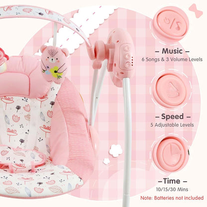 Enborbabe Portable Baby Swing with Music and Floral Bear Pattern