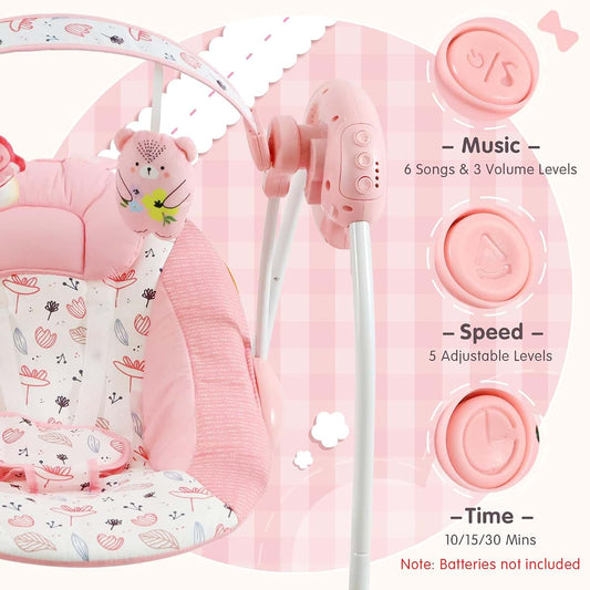 Enborbabe Portable Baby Swing with Music and Floral Bear Pattern