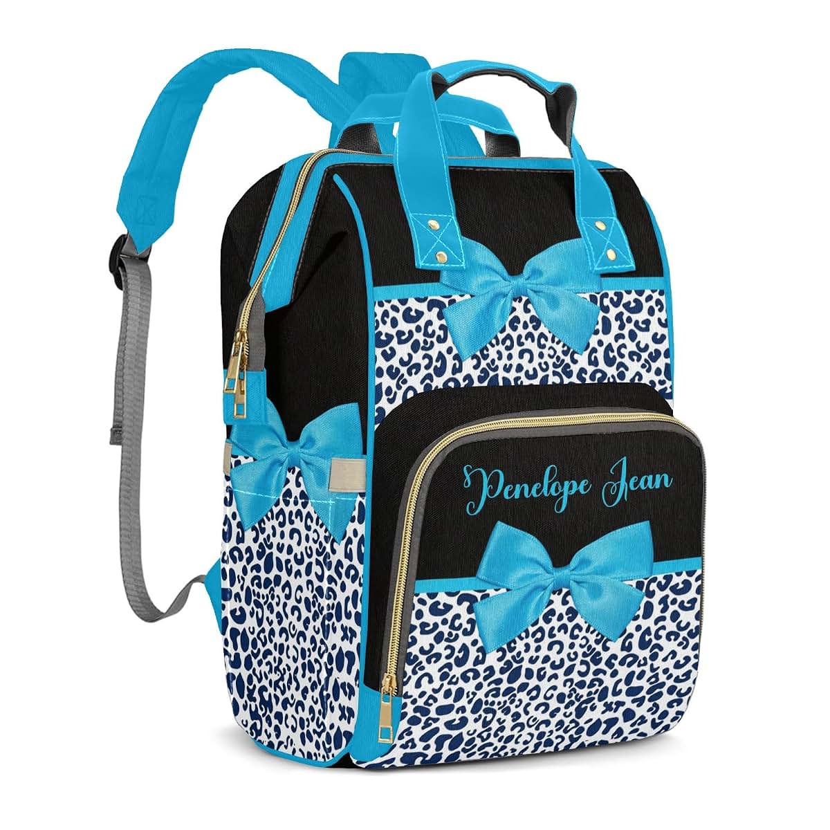 LiSoAkWE Personalized Diaper Bag Backpack,Customized Blue Print Leopard Bow Nappy Backpack for Travel Outdoor with (photo 2)