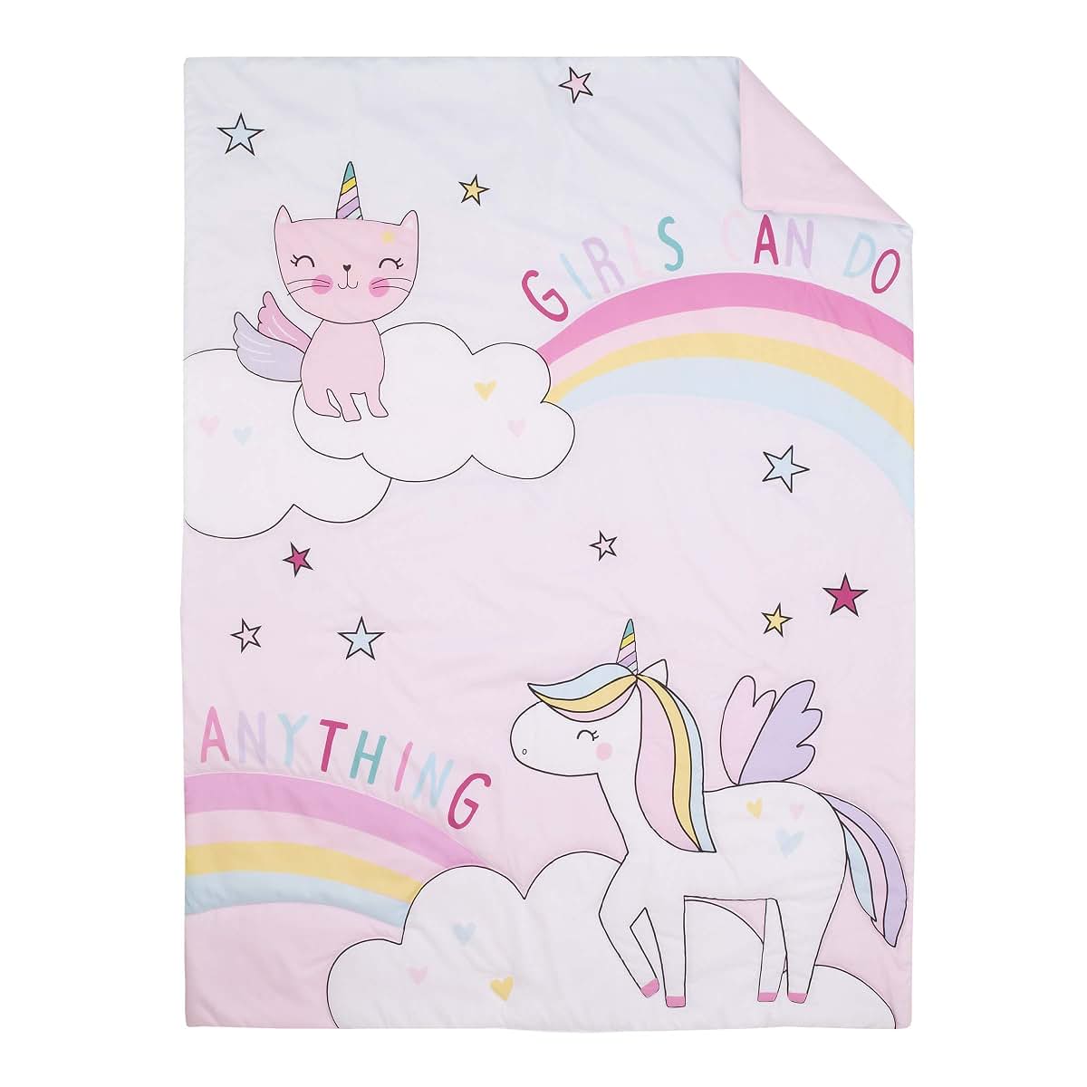 Everything Kids Caticorn Girl Power 4-Piece Toddler Bedding Set, Pink with Pastel Rainbows
