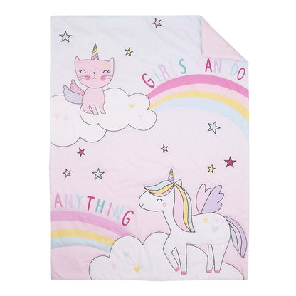 Everything Kids Caticorn Girl Power 4-Piece Toddler Bedding Set, Pink with Pastel Rainbows