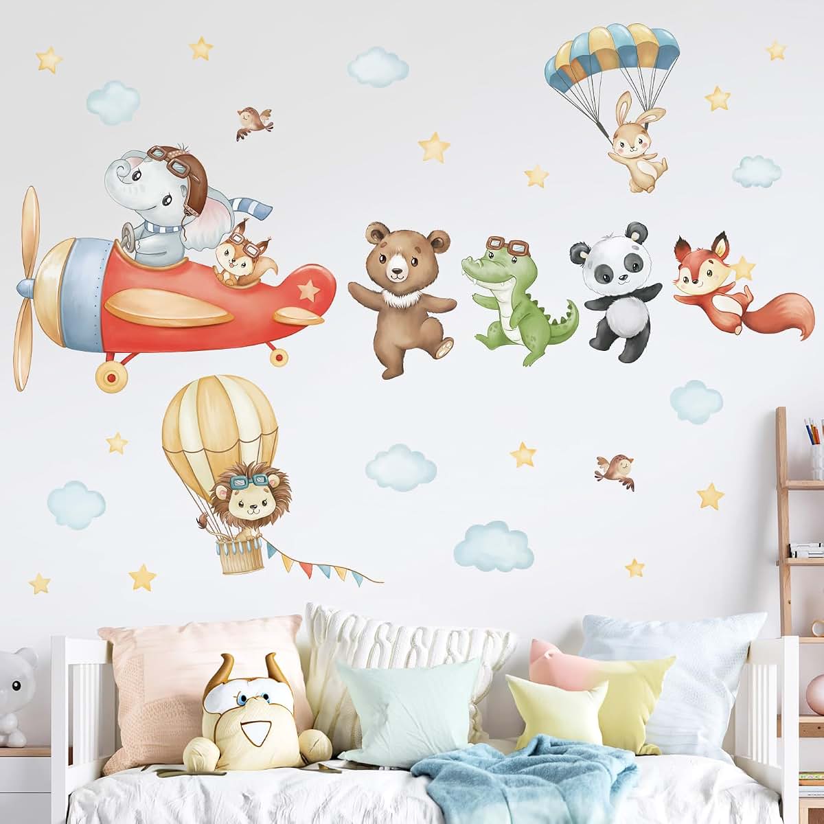 wondever Airplane Animals Wall Decals Hot Air Balloon Bear Wall Stickers