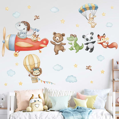 wondever Airplane Animals Wall Decals Hot Air Balloon Bear Wall Stickers