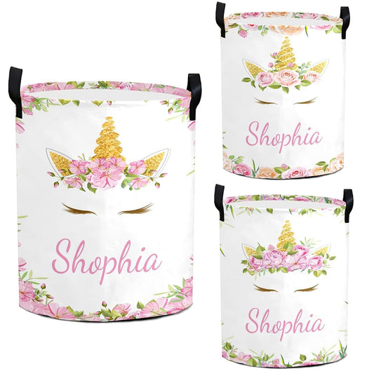 Puercha Personalized Unicorn Laundry Baskets with Name for Girls Flower Baby Laundry Hamper Waterprool Clothes Storage