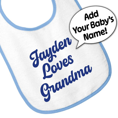 Smiling Jindo Personalized Baby Bib – White Bib (Light Blue Trim) – Custom Text (1 to 3 Lines) – Soft Cotton Terry (photo 3)