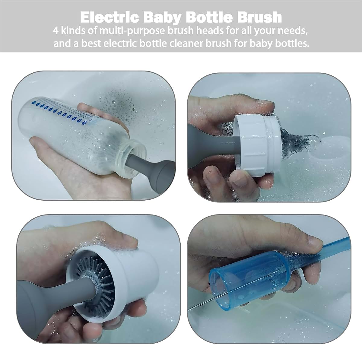 WHNL Electric Baby Bottle Brush Set with Rechargeable Cleaner and Silicone Brushes (Grey)
