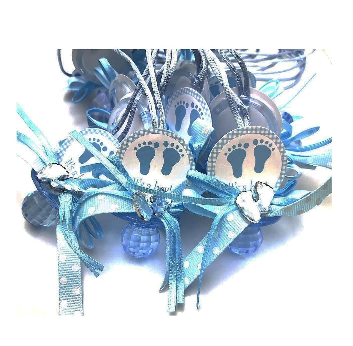 RBN 12 PCS Pacifier Blue Baby Foot Print ITS A BOY Necklaces Shower Game Favors Prizes Girl Decor (Blue), 1 Count (Pack