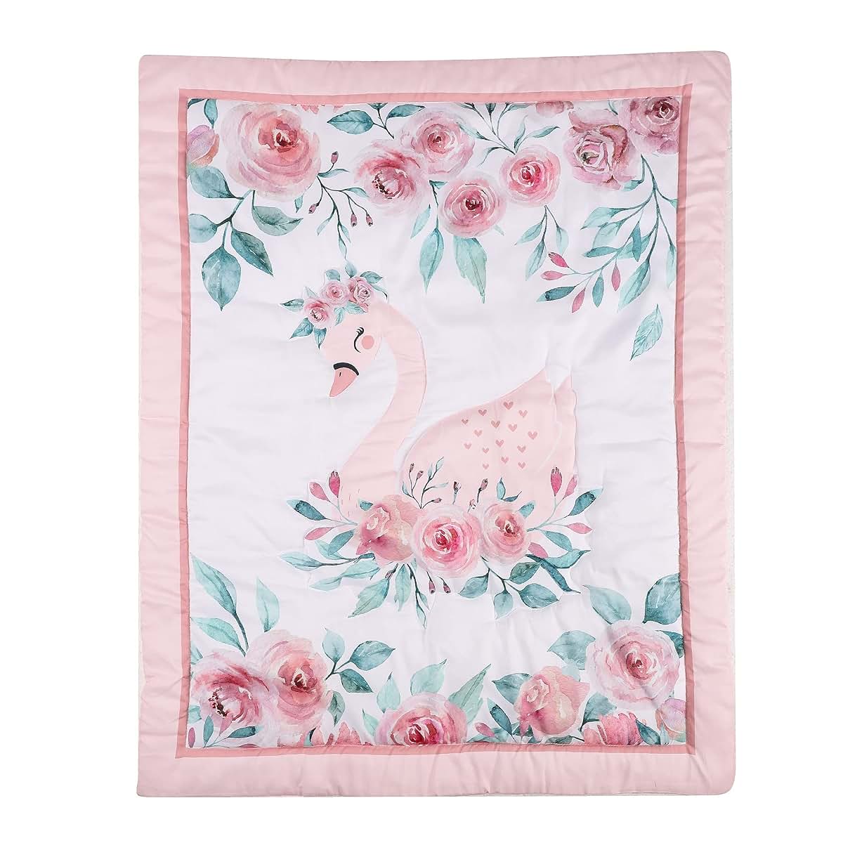 Hanbear Pink Floral Swan Theme Nursery Crib Bedding Set