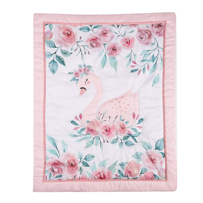 Hanbear Pink Floral Swan Theme Nursery Crib Bedding Set