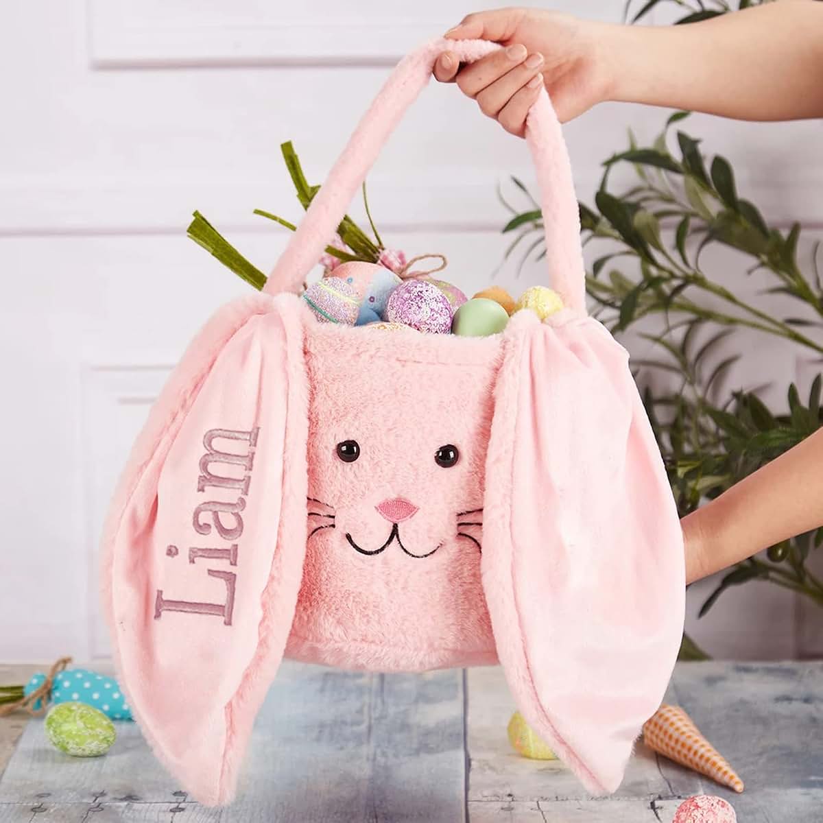 shiguangji Personalized Bunny Easter Basket, Fur Easter Basket with Name, Plush Easter Bucket, Bunny Face Tote, Kids (photo 4)