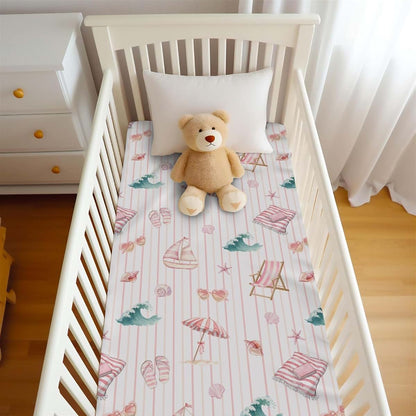 Wicbfdfv Cute Summer Beach Boats Stripe Pink Baby Crib Sheet for Boys & Girls 28"x52" Conch Shells Starfish Waves Baby (photo 4)