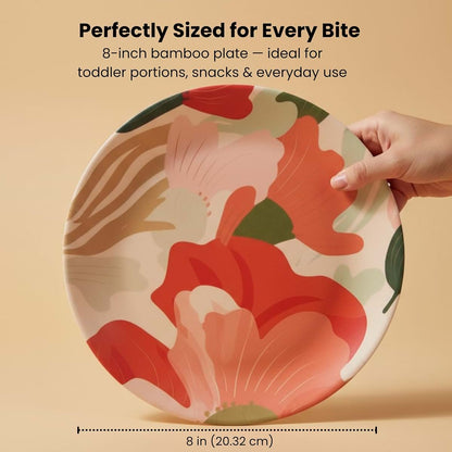 ilohaus Bamboo Kids Plates Set of 4 Floral Dinnerware