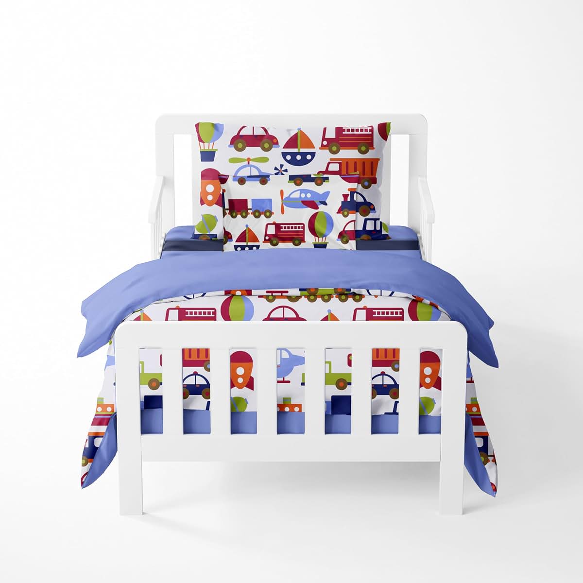 Bacati - Transportation Blue 4 Piece Boys Toddler Bedding Set 100 Percent Cotton Includes Reversible Comforter, Fitted