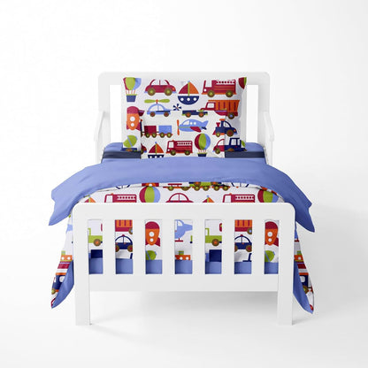 Bacati - Transportation Blue 4 Piece Boys Toddler Bedding Set 100 Percent Cotton Includes Reversible Comforter, Fitted