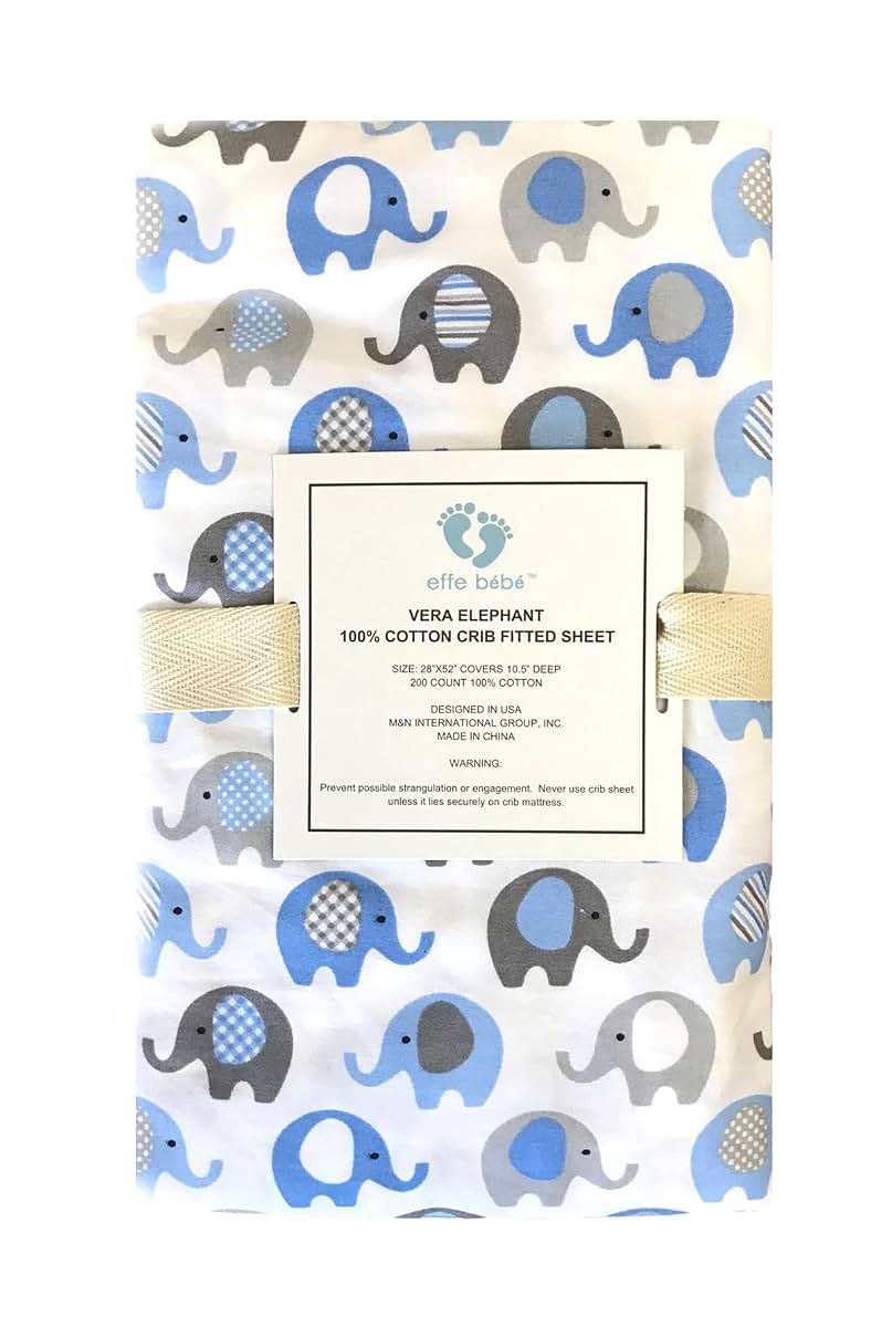 Effe Bebe Vera Elephant 100% Cotton Crib Fitted Sheet - Blue Grey